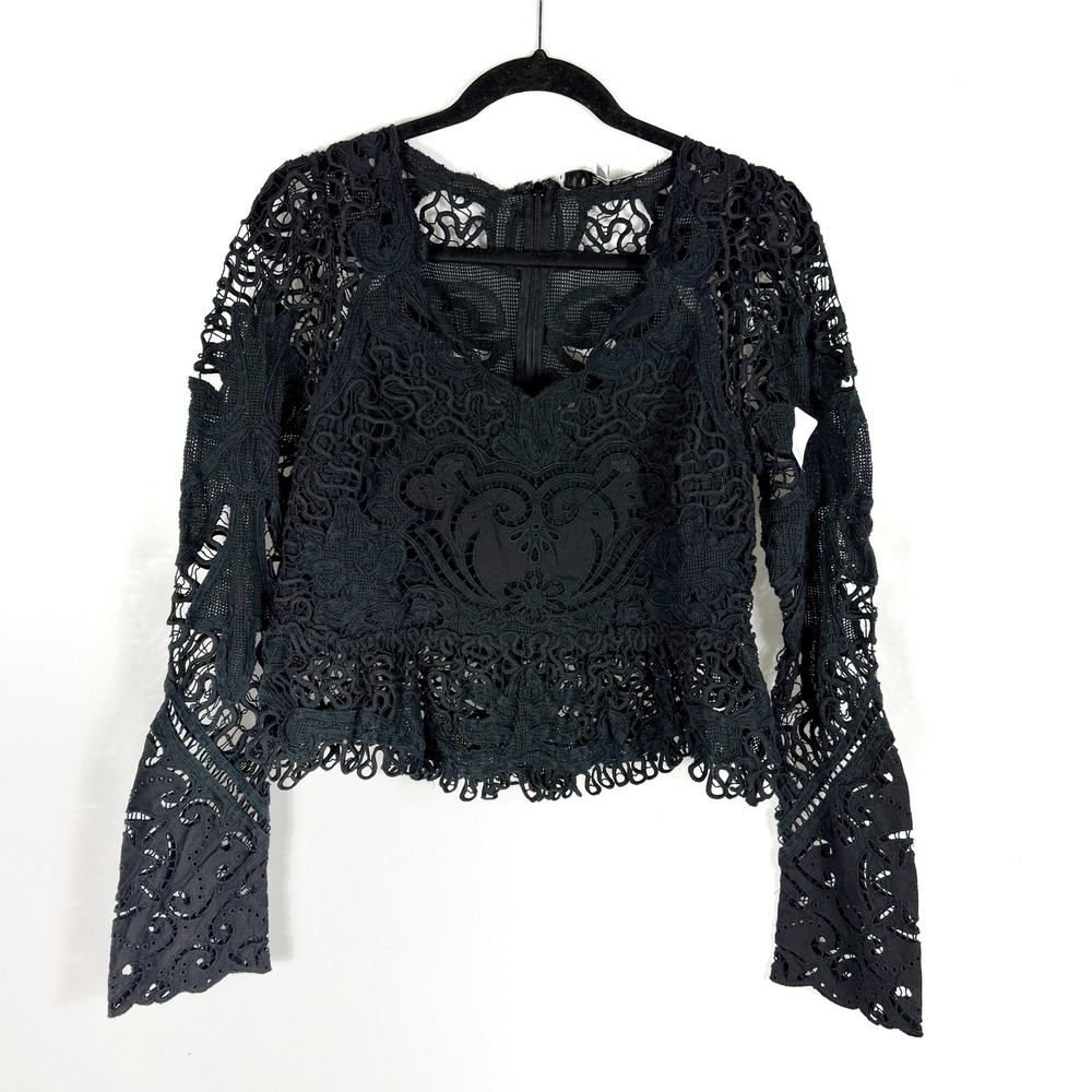 Sea New York Gianna Lace Top Black Eyelet Blouse Long Sleeve Women Sz 10 - Picture 4 of 12